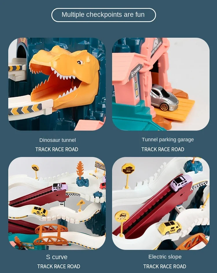 Electric Rail Car Dinosaur Building Parking Lot Adventure Racing Rail Car Toys Brain Mechanical Interactive Rail Cars