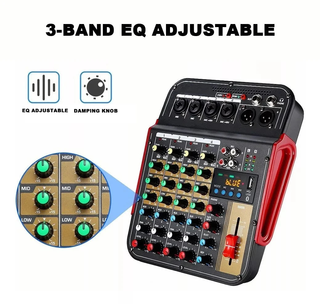 6 Channel Audio Mixer with Bluetooth Reverb and 48V Phantom Power