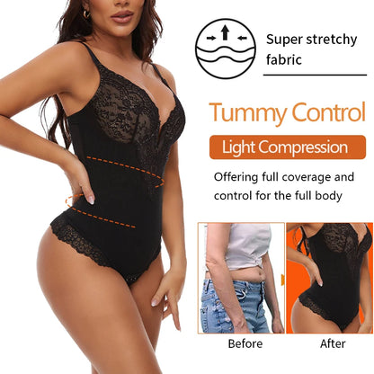 Lace Mesh Bodysuit for Women Tummy Control Shapewear V Neck Body Shaper Fajas Thongs Bustier