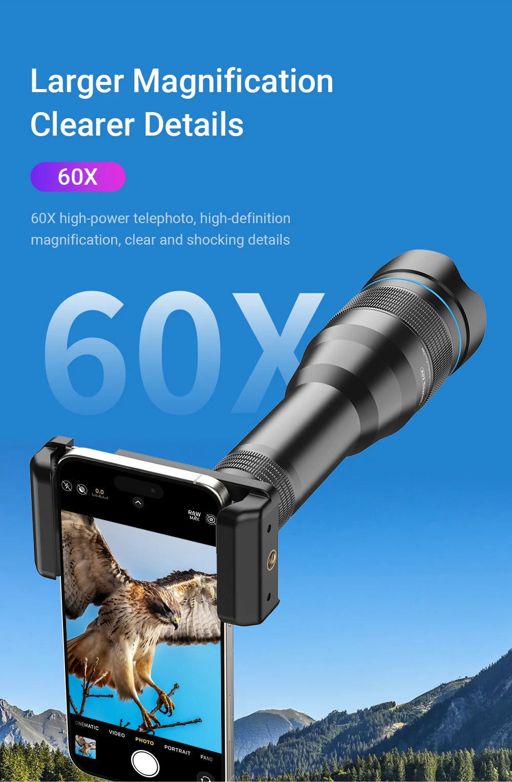 60X Smartphone Telephoto Telescope Lens with Universal Clip
