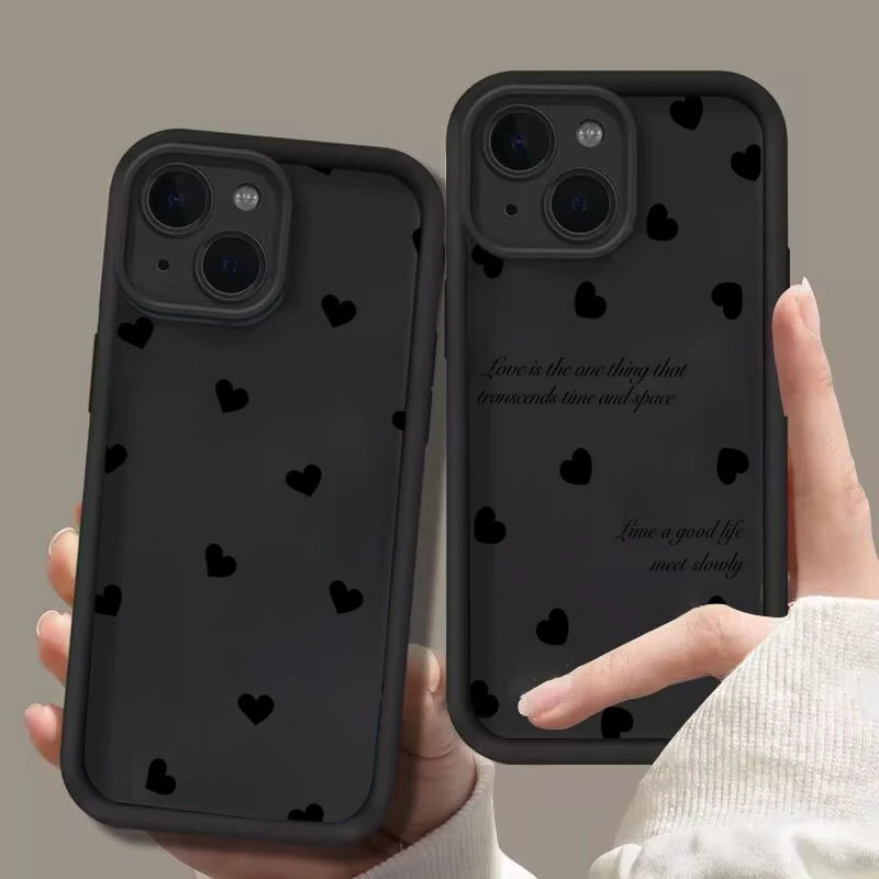 Black Love Heart Soft Matte Phone Case For iPhone 17 Air 14 Pro 16E Plus Cover For iPhone 15 16 17 Pro Max Cases