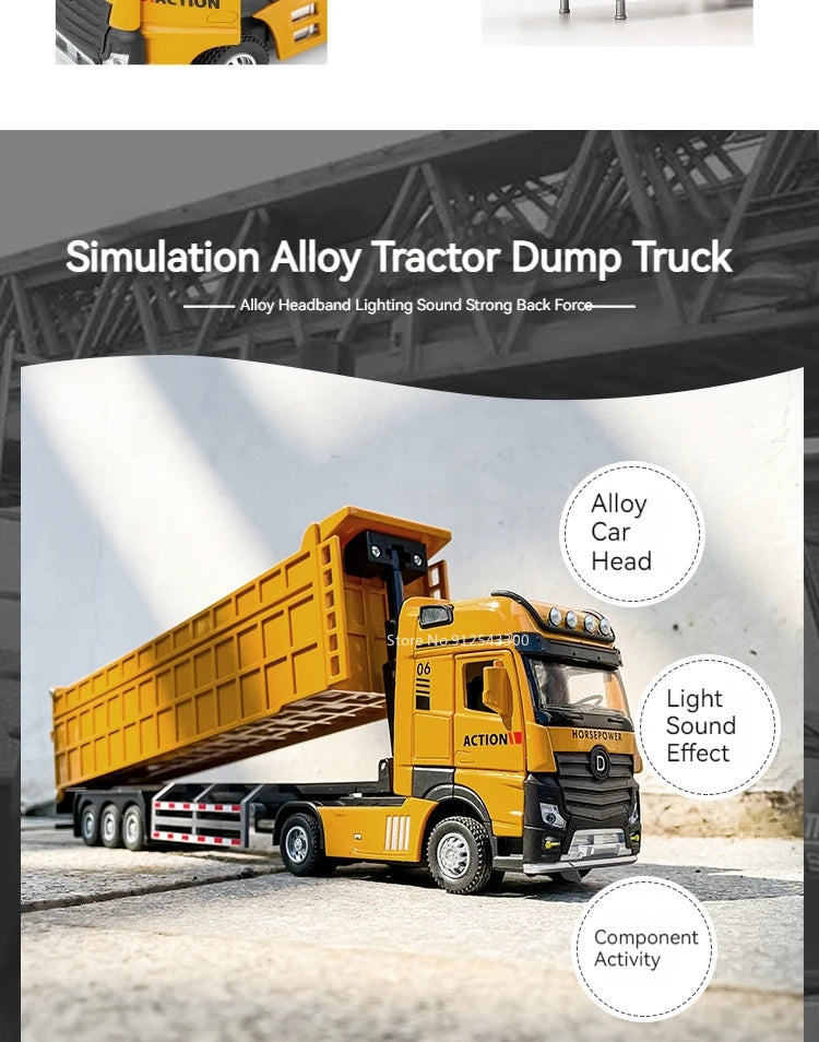 1/50 Extended Dump Truck Model Toy Metal Diecasting Doors Opened Sound Light Pull Back Vehicle Models Ornaments 's Gifts