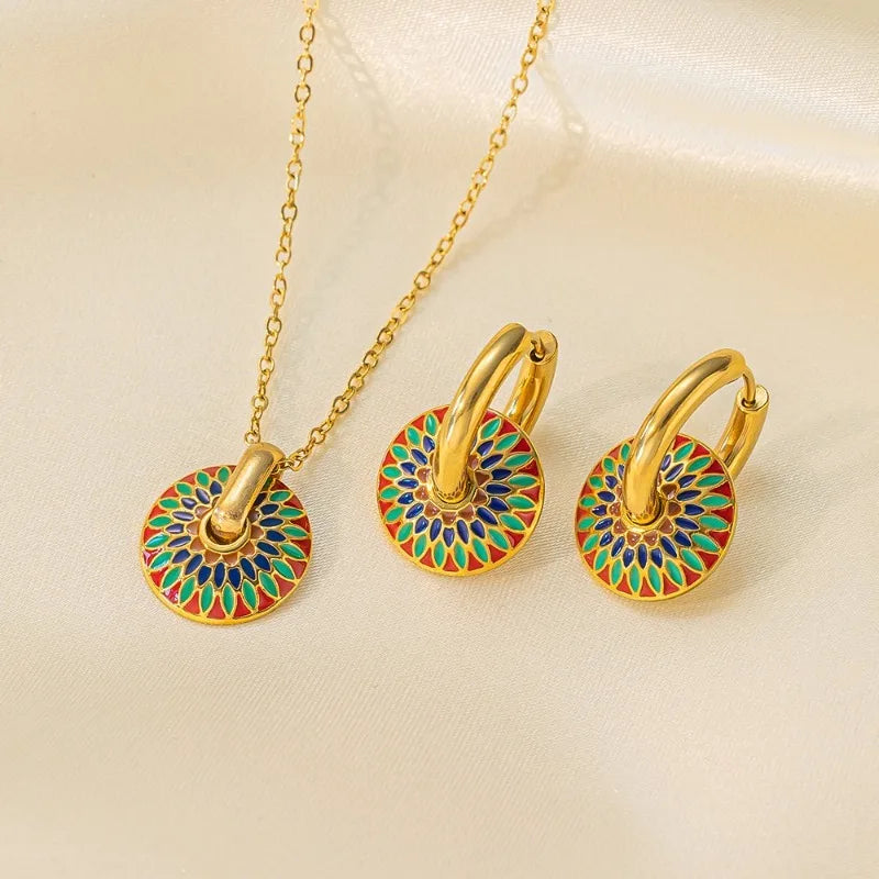 Colorful Enamel Choker Titanium Steel Pendent Necklace For Women Girl Bohemian Daisy Stud Earrings Handmade Jewelry Set 45 cm