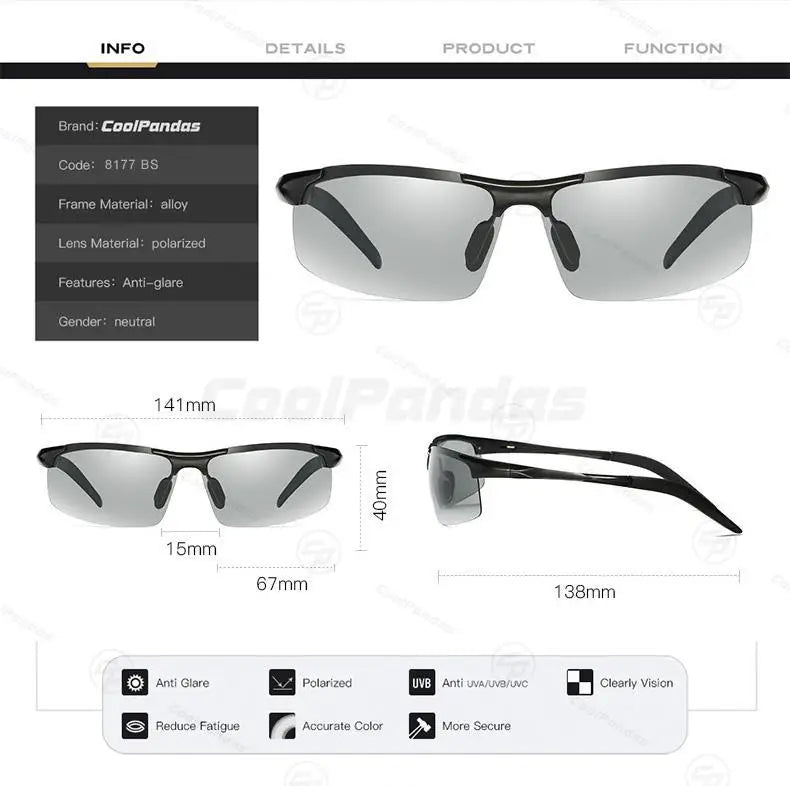 Rimless Photochromic Polarized UV400 Outdoor Driving Sunglasses for Men Women