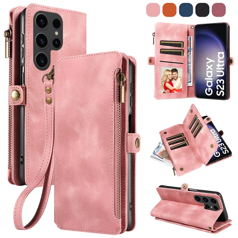 Luxury Leather Flip Wallet Case with Lanyard for Samsung Galaxy S26 / S25 / S24 / S23 Ultra & Plus – Magnetic Full Coverage Phone Bag Cover