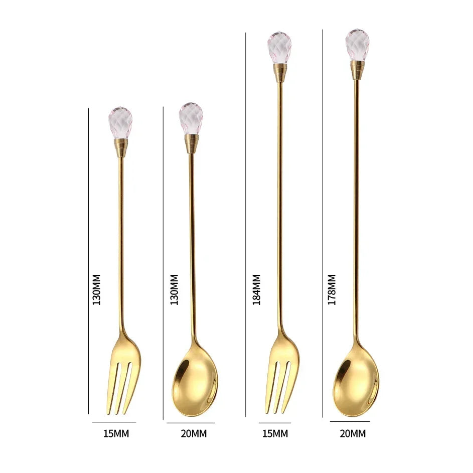 Stainless Steel Diamond Coffee Spoon and Fork Set Creative Crystal Long Handle, Perfect for Desserts, Ice Cream, Cake, and Fruit