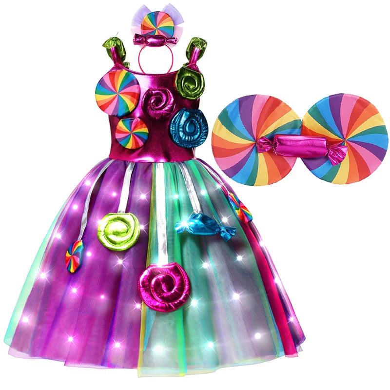 LED Light Up Princess Candy Dress For Girl Lollipop Party Clothing Kids Cosplay Costume New Years Dress 2-10Y