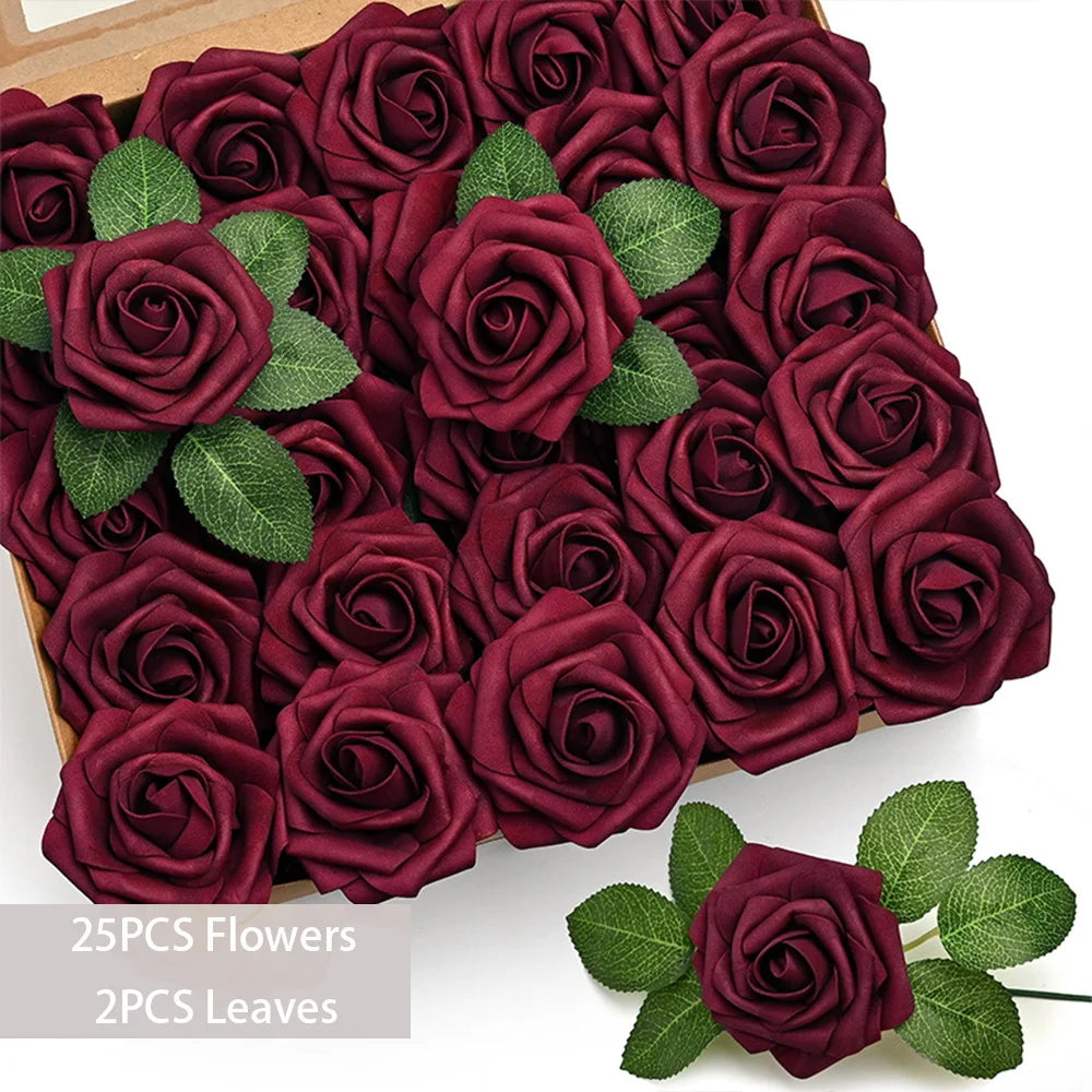 25pcs Artificial Flowers PE Foam Roses W/stem for DIY Wedding Bouquets Centerpieces Christmas Party Arrangement Home Decoration