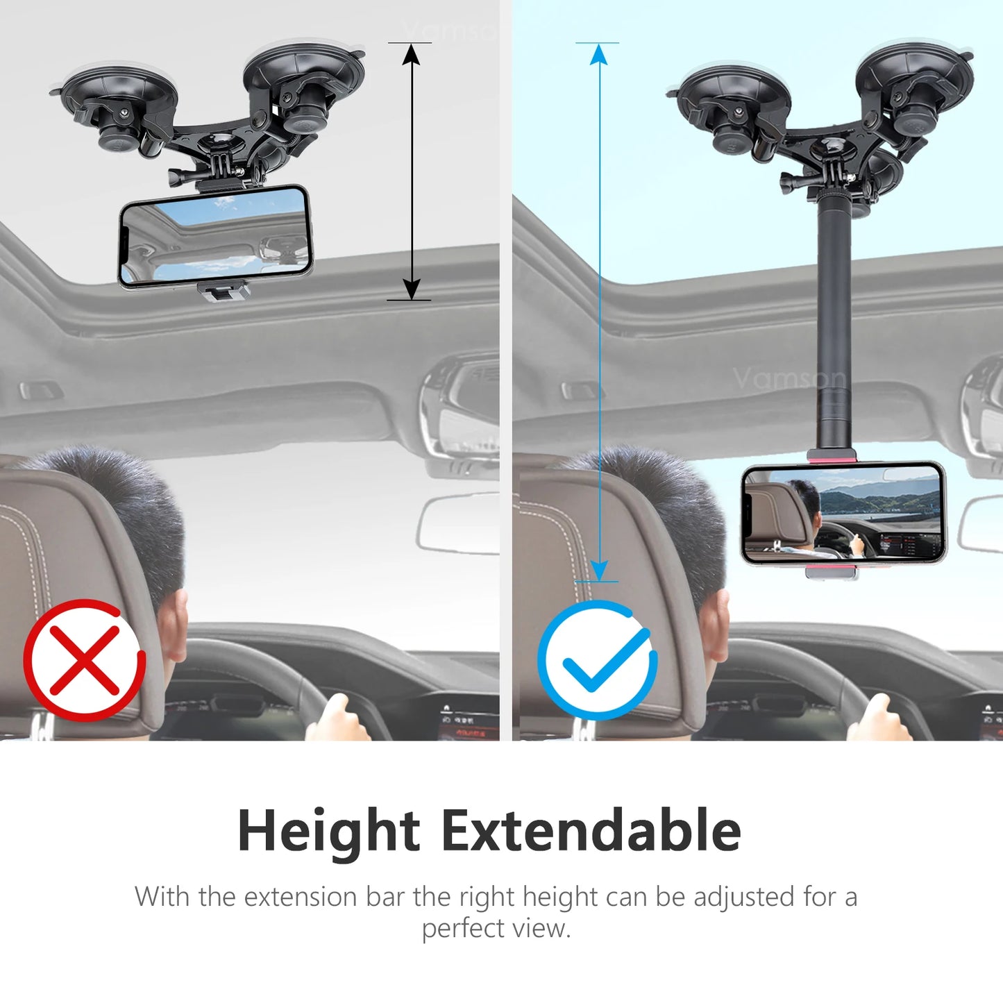 for Gopro Accessories 9CM Adjustable Tri Angle Suction Cup Mount with Extension Rod for Smartphone for Insta360 X3 X2