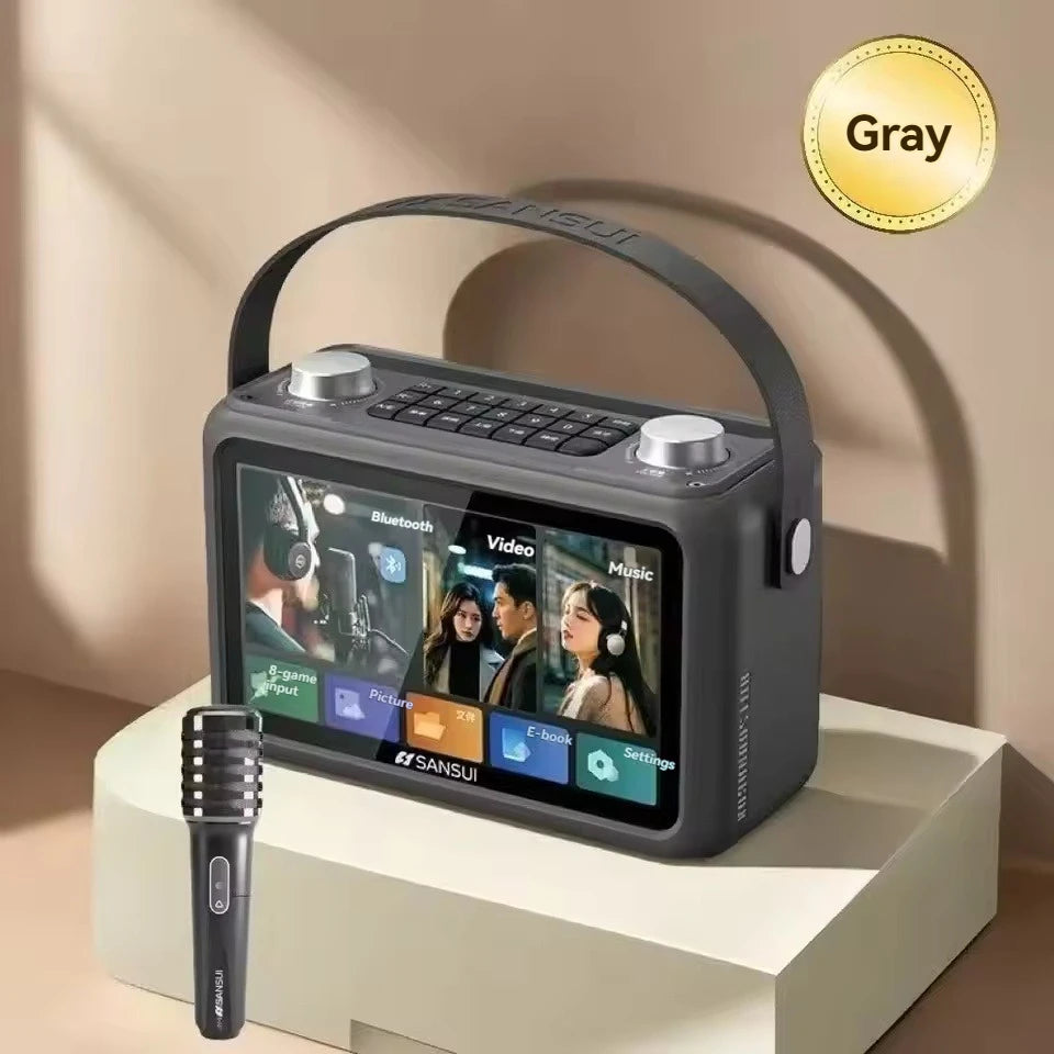 Karaoke Wireless Bluetooth Speaker Outdoor Portable SANSUI F58 40W Music and Video Player 7-inch Screen Lyrics Display TF/FM/AUX