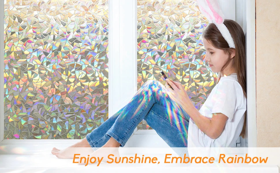 Privacy Window Films No Glue Static Adhesive Glass Film for Decorative Bathroom Living Room Kitchen Rental Apartment Rainbow