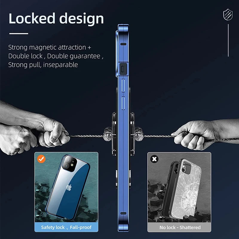 360°Full Protected Metal  Anti Peeping Buckle Lock Phone Case For iPhone 15 14 Pro Max Double-Sided Glass Cover