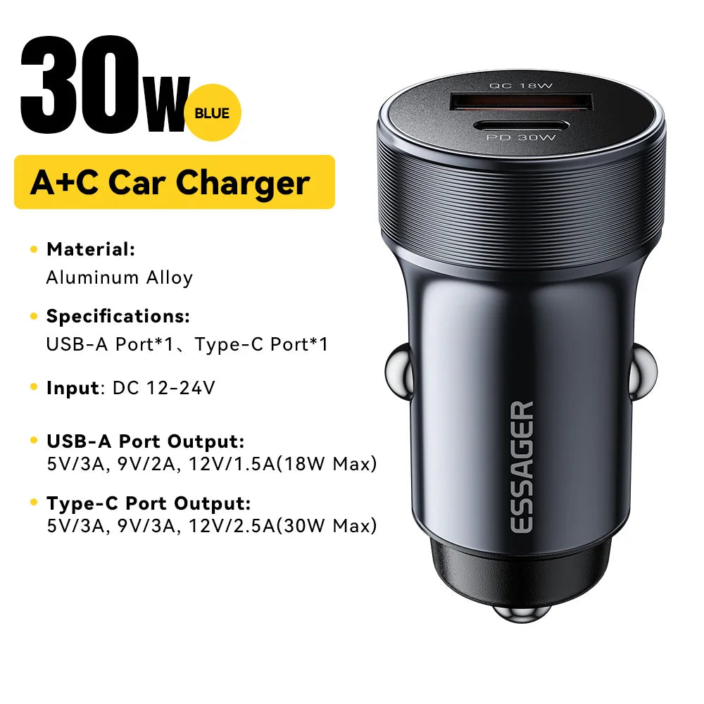 30W Mini USB C Car Charger PD 3.0 QC 3.0 Fast Charging Dual Port Compact Adapter