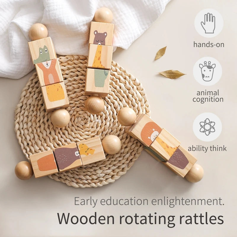 Montessori Silicone Toy for Baby Wooden Rotating Animal Jigsaw Puzzle  Ring The Bell Rotary Rattle Toy  Baby Gift Wooden present