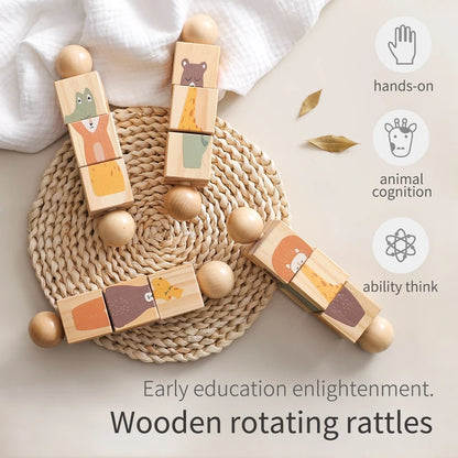 Montessori Silicone Toy for Baby Wooden Rotating Animal Jigsaw Puzzle  Ring The Bell Rotary Rattle Toy  Baby Gift Wooden present