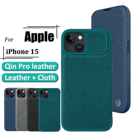 QIN Pro Plain Leather Cloth Case For iPhone 15 Flip Case Shockproof Camera Slider Protection Cover With Card Holder