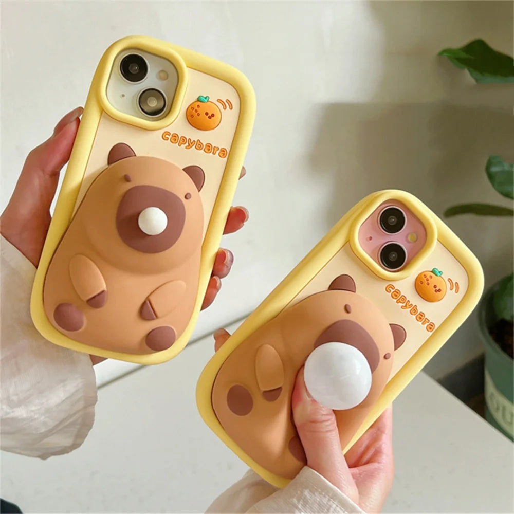 Cute Cartoon Capybara Squishies Phone Case For iPhone 15 13 14 Pro Max Blowing Bubble Lens Protection Soft Silicone Cover