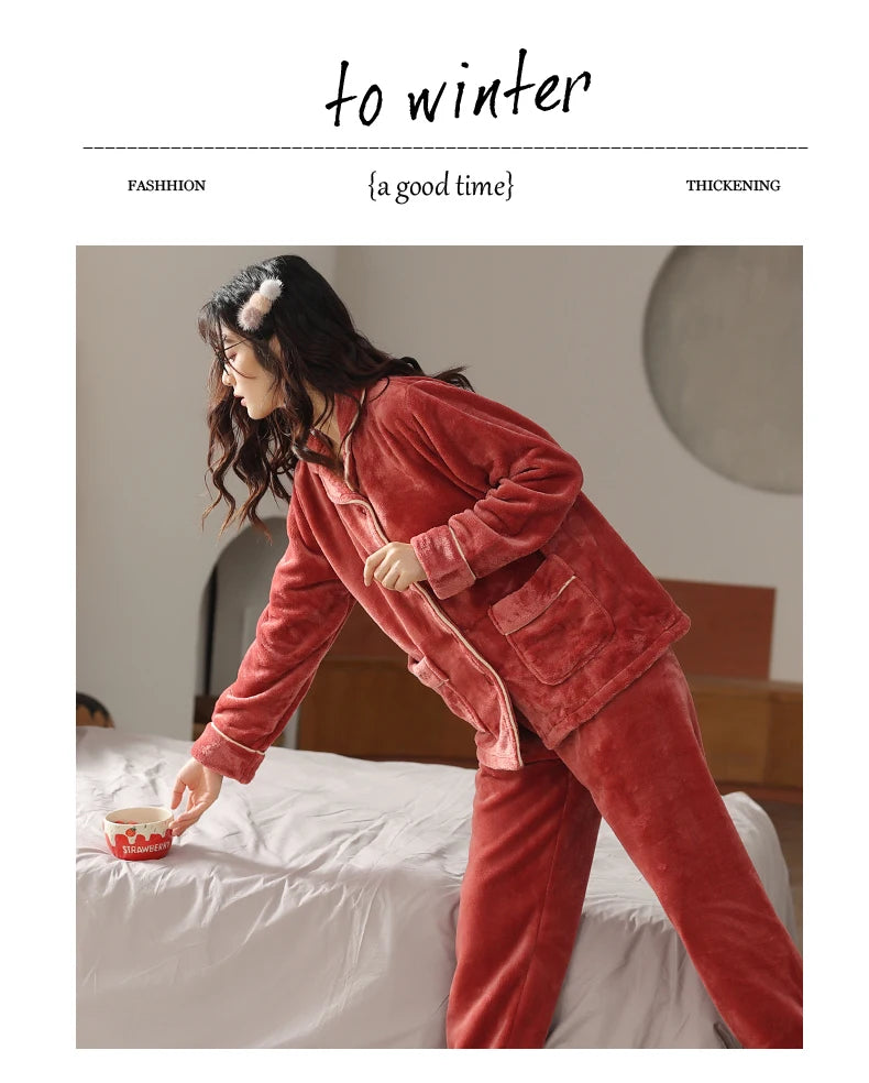 Women’s Winter Flannel Pajama Set – Warm, Thick Coral Fleece 2-Piece Loungewear