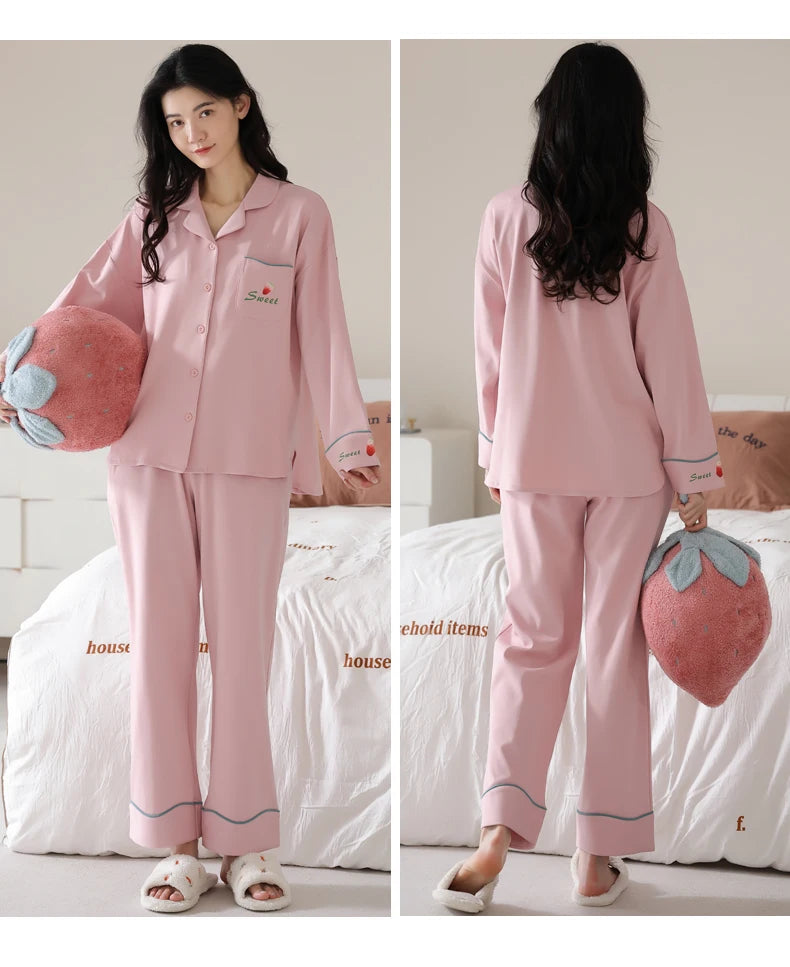 Women’s Winter 100% Cotton Pajama Set – Loose Fit, Turn-Down Collar, Long Sleeves, Cute Pink