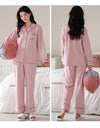 Women’s Winter 100% Cotton Pajama Set – Loose Fit, Turn-Down Collar, Long Sleeves, Cute Pink