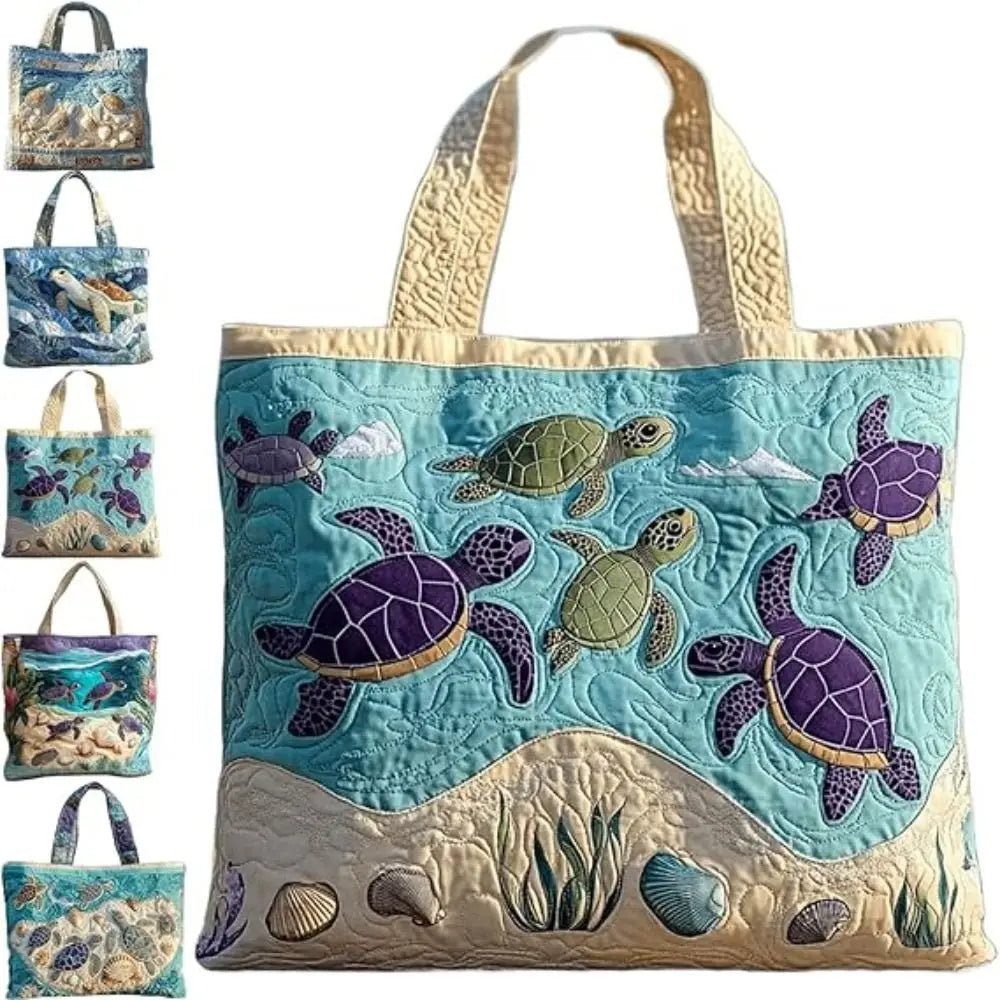 Turtle Print Quilted Canvas Tote Bag Large Capacity Shoulder Handbag