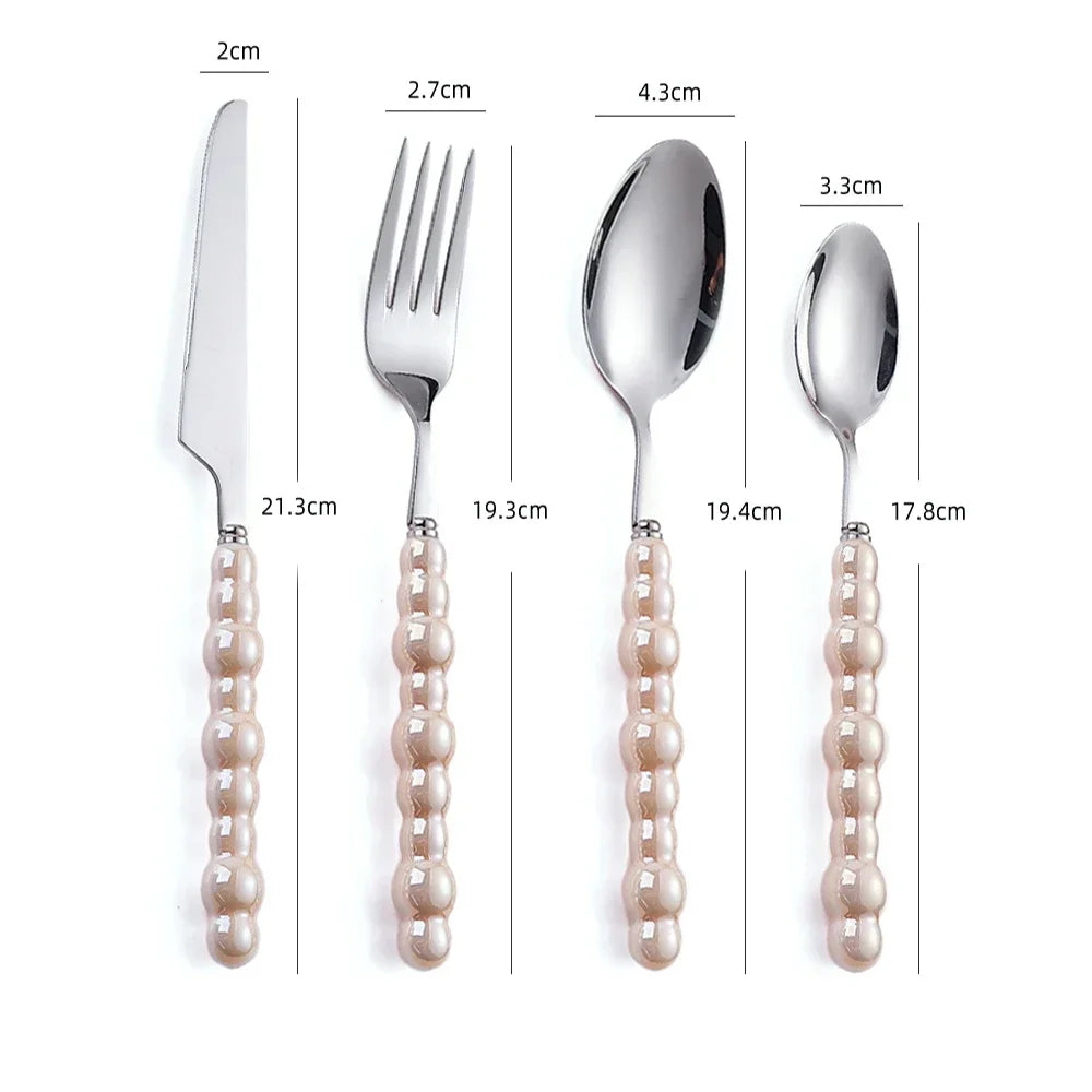 4Pcs Luxury Dinnerware Set Ceramic Pearl Handle Stainless Steel Spoon and Fork Set Western Silver Cutlery High-looking Tableware