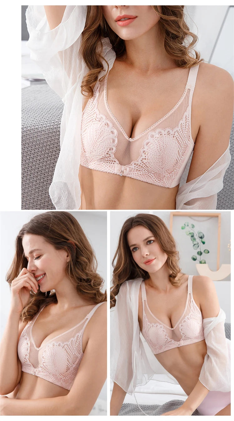 Women’s Lace Transparent Rabbit Ears Bra – Soft, Wire-Free Push-Up with Adjustable Straps