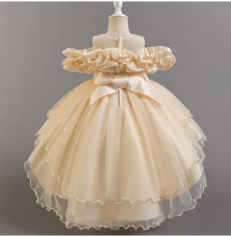 Luxury Off-Shoulder Gown with Train for Girls  Tulle Dress for Fashion Walk Show & Pageants