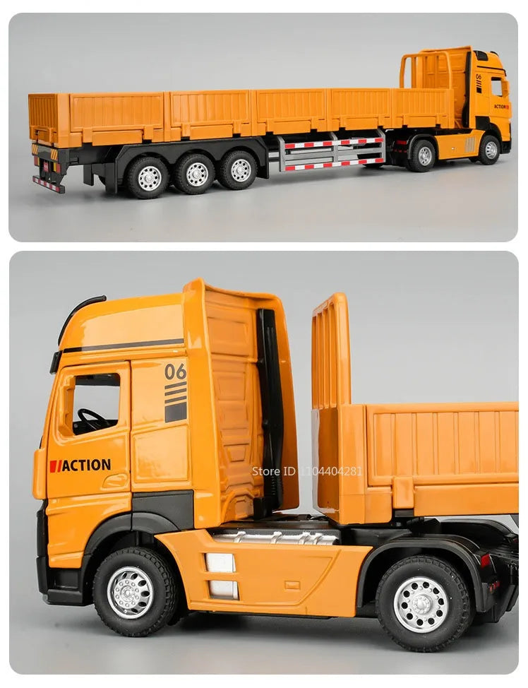 1:32 Roadblock Transport Truck Flatbed Trailer Model Toys Diecast Alloy Car Doors Opened Sound Light Pull Back Vehice Boy's Puzz