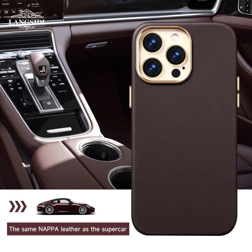 Original Leather for Magsafe Case for iPhone 14 Pro 14Pro Magnetic Cover with Tempered Glass Screen Protector