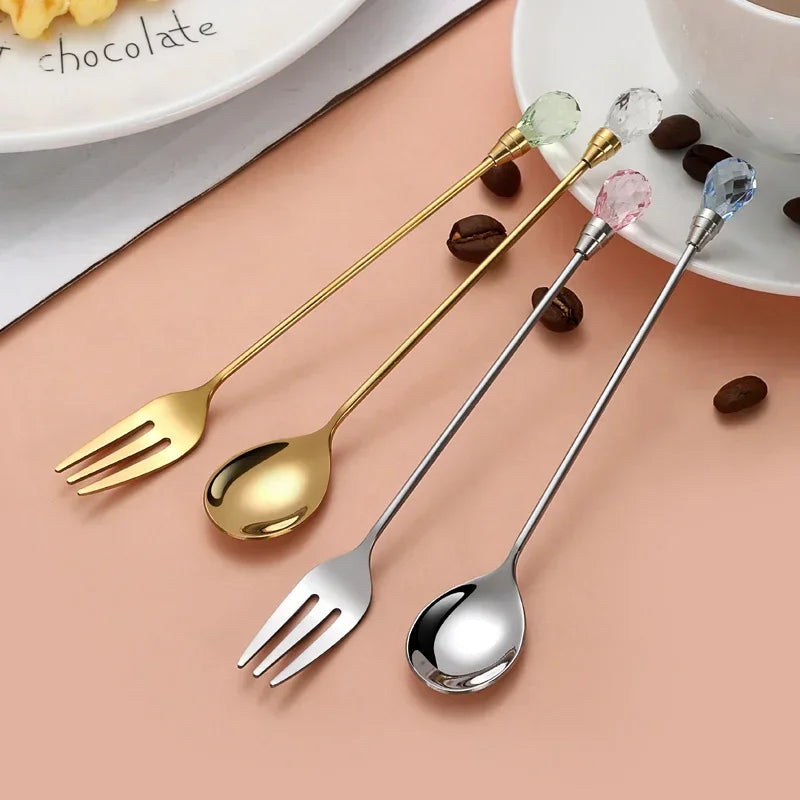 Stainless Steel Diamond Coffee Spoon and Fork Set Creative Crystal Long Handle, Perfect for Desserts, Ice Cream, Cake, and Fruit