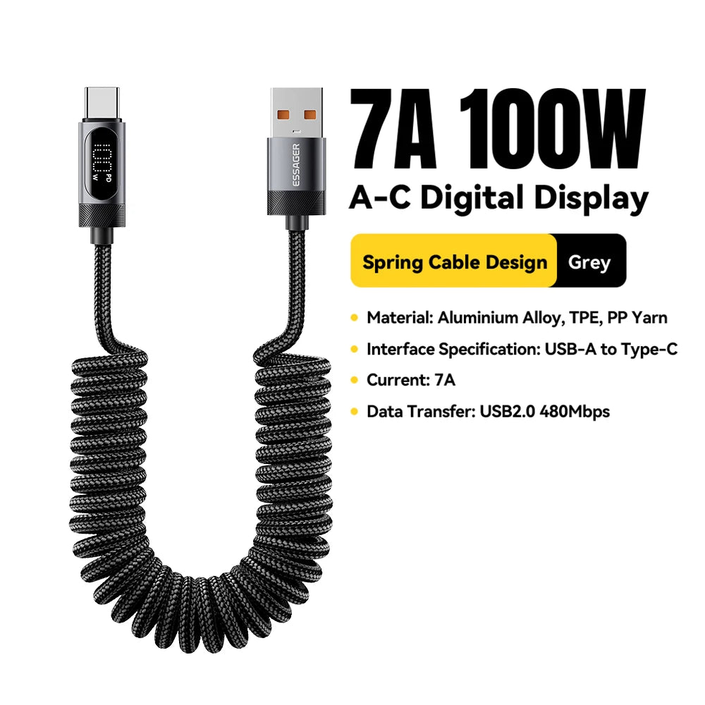 100W Retractable Spring USB-C to USB-C Fast Charging Cable