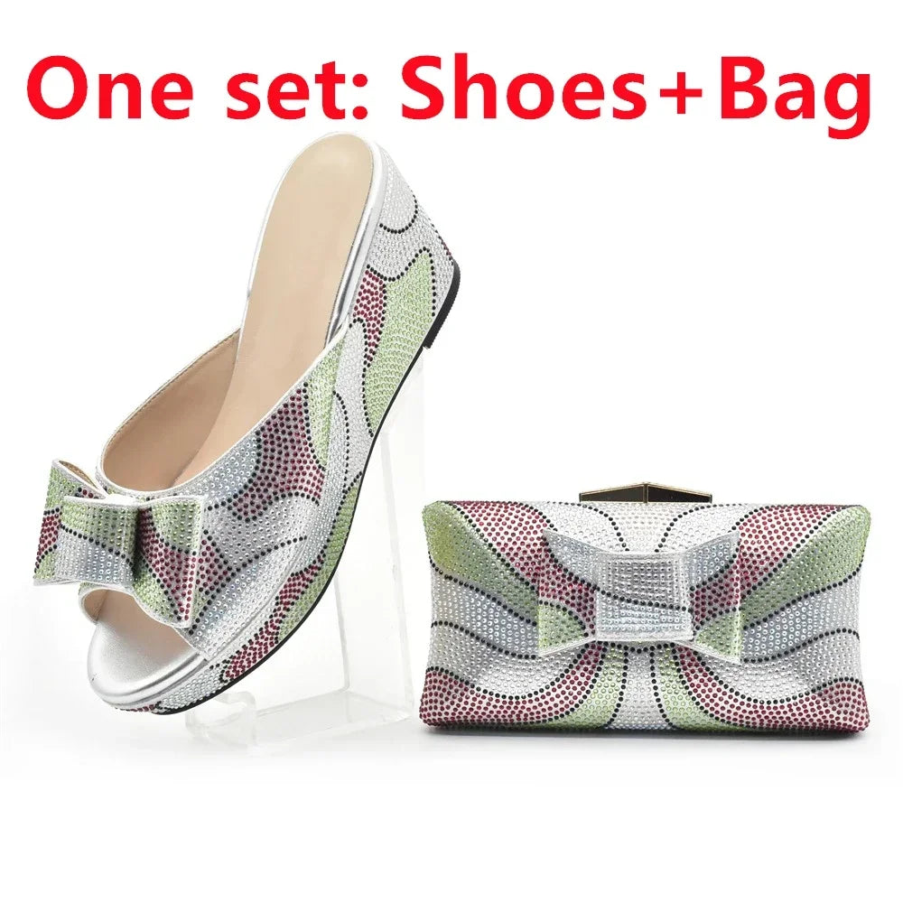 Design Italian Shoes and Bags Matching Set Decorate with Rhinestone Wedges Shoes for Women Luxury Round Toe Platform Shoes