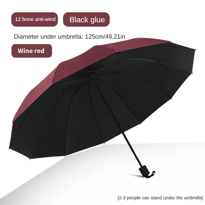 A super large foldable umbrella with black glue and sun protection, reinforced with 12 bones, sturdy for three men and women, su