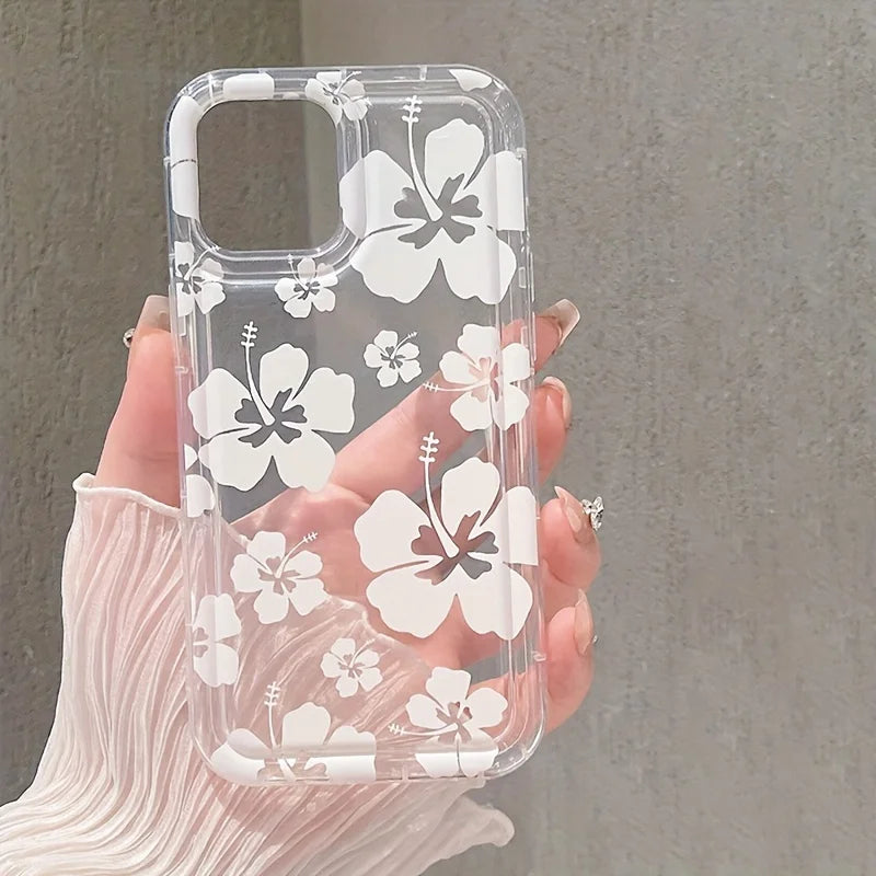 White Flower Clear Phone Case For iPhone 17 16 14 15 Pro Max 16E Air Airbag Shockproof Phone Cover