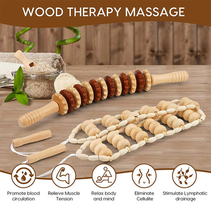 2 PCS Wood Therapy Massage Tools, Portable Manual Wooden Massage Wood Back Massage Roller Rope, Wood Massager Handheld Roller