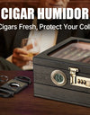 Cigar Humidor, Glass Top Desktop Box with Digital Thermo-Hygrometer, Humidifier, Divider, Accessories Drawer & Combination Lock
