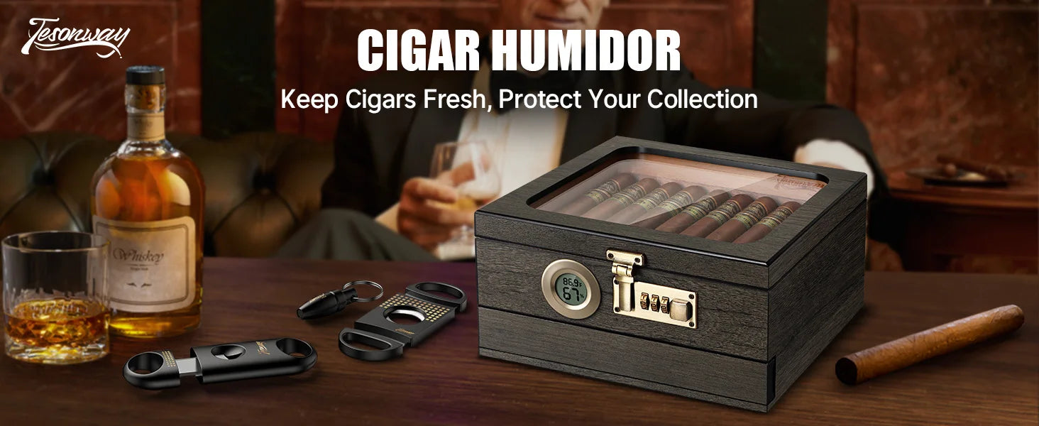 Cigar Humidor, Glass Top Desktop Box with Digital Thermo-Hygrometer, Humidifier, Divider, Accessories Drawer & Combination Lock