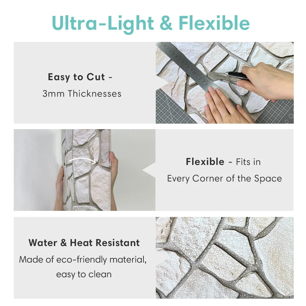 10pcs 3D Wall Stickers, Self-adhesive Faux Stone Wall Panels, Peel and Stick Tile Backsplashes for Bathroom Kitchen,  30 x 30 cm