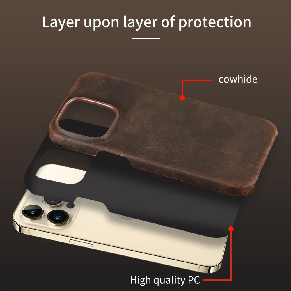 Retro Cowhide Phone Case for iPhone 16 15 14 Pro Max 16Pro 14Pro 15Pro Luxury Crazy Horse Genuine PULL-UP Leather Back Cover