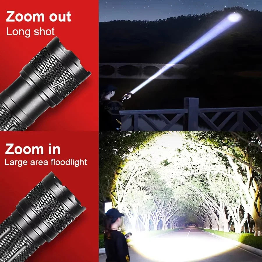 Ultra Bright LED Flashlight 12000mAh Rechargeable Zoomable Tactical Torch IPX6 Waterproof Power Bank