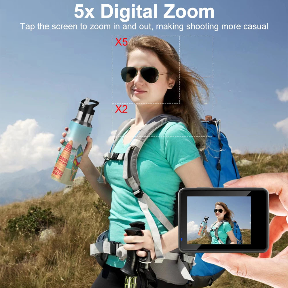 5K Action Camera with 2.0 Inch Touch Screen WiFi EIS and 30M Waterproof Housing
