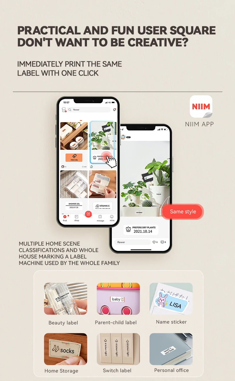 B21 Kitchen Label Printer, Bluetooth Wireless Thermal Label Maker 20–50mm, Inkless Freezer Sticker Printer for Home & Food Storage