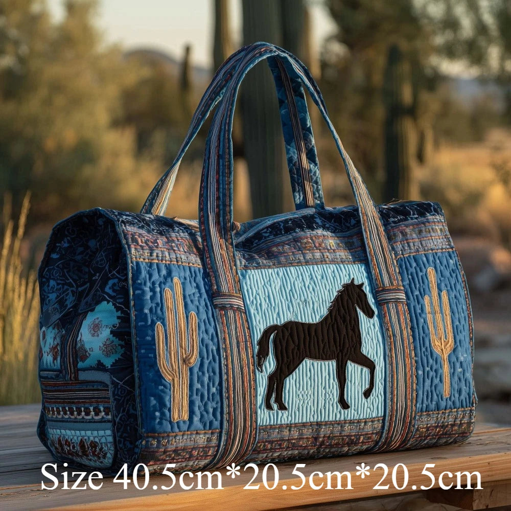 Western Style 3D Quilted Tote Bag Running Horse Cactus Boho Print Travel Purse Handmade Shoulder Bag Large Capacity Carry-On Bag