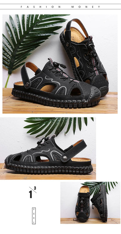 Shoes Summer Slippers Genuine Leather Non-slip Beach Shoes Male Outdoor Casual Sandals Slippers Handmade Sewing