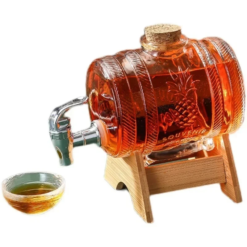 1L Glass Whiskey Barrel Wine Barrel Beer Bottle Fruit Aging Alcohol Honey Storage Container With Base Faucet Bar Tool
