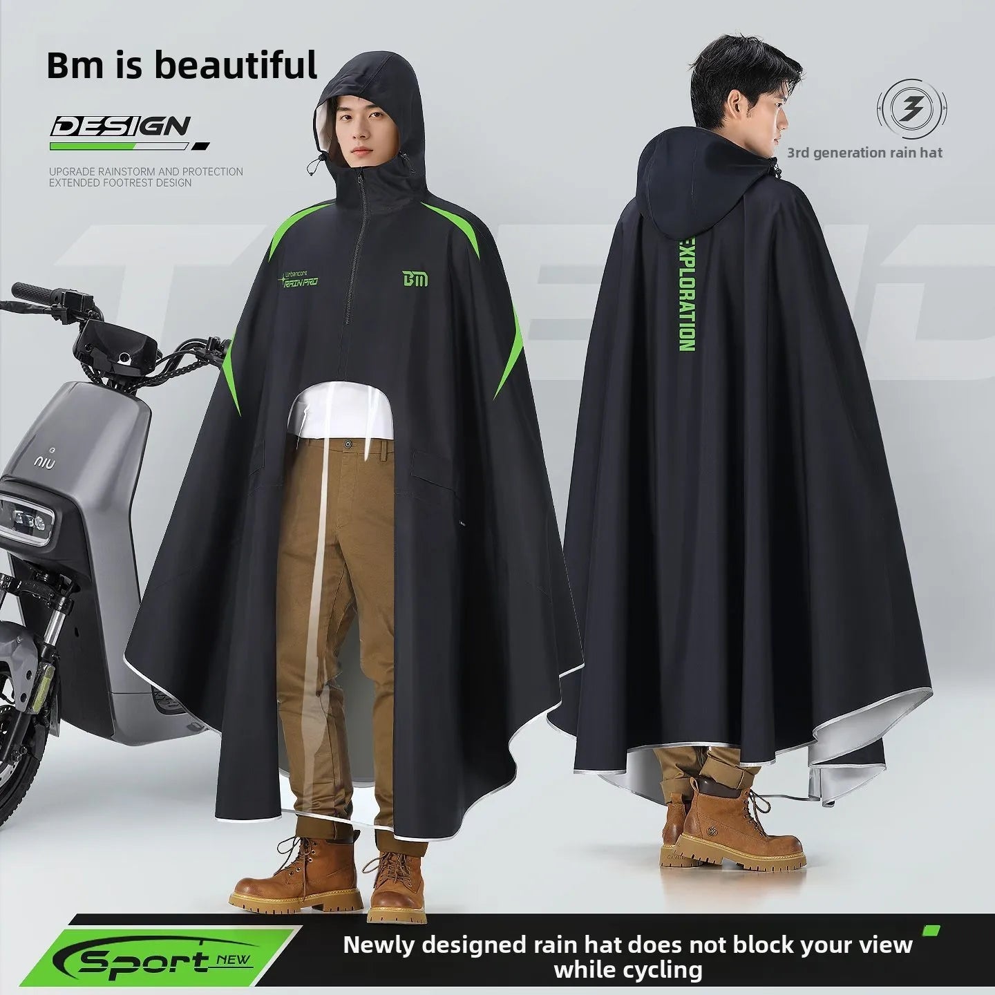 Full Body Waterproof Hooded Rain Poncho with Reflective Details for Motorcycle Riding