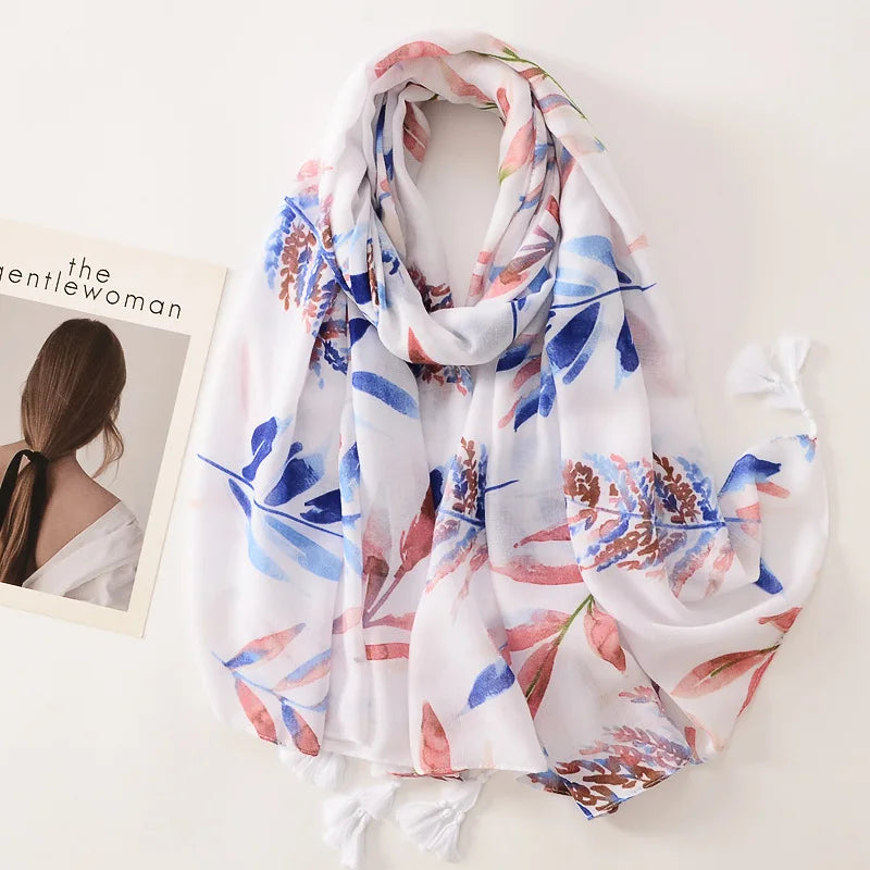 Beige Coffee Scarf Luxury Thin Women Scarves Spring Floral Hijab Veils Soft Cotton Shawl Wrap Tassel Viscose Muslim Woman Hijab