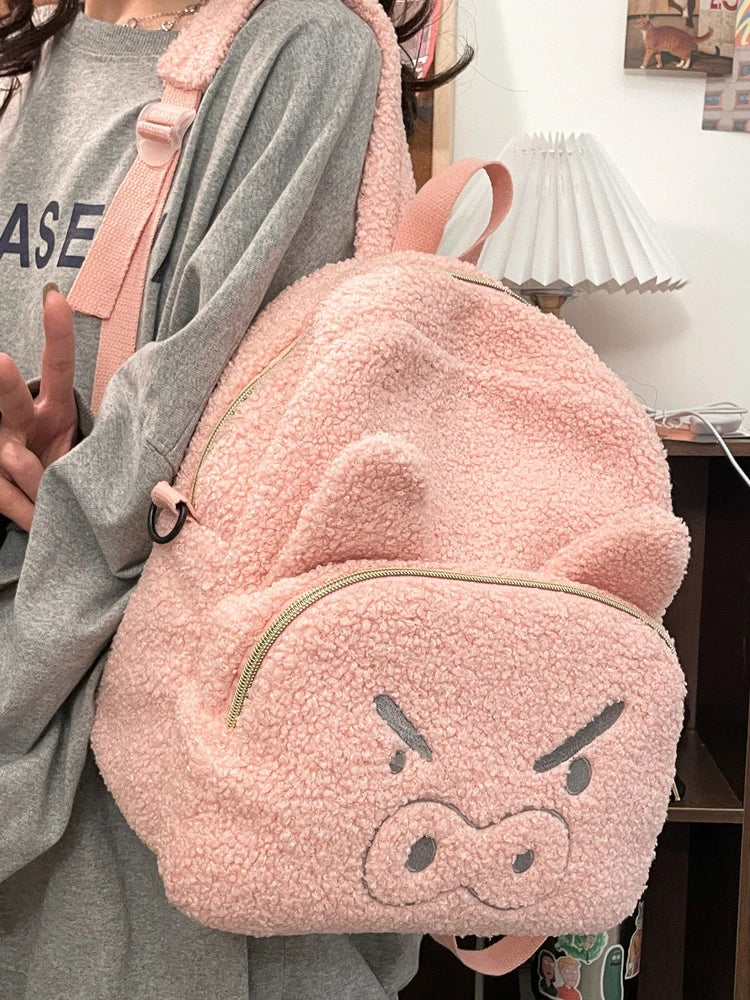 Cute Plush Pig Velvet Backpack Large Capacity Shoulder Bag