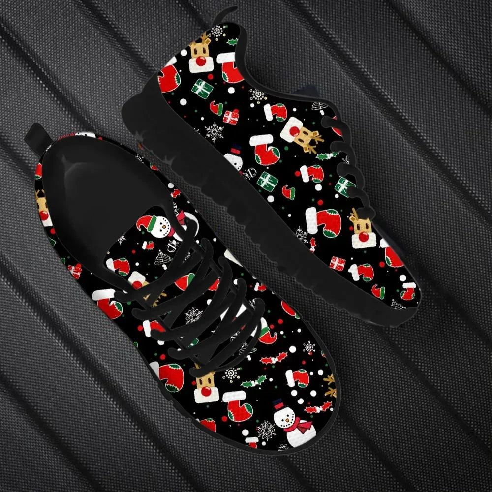 Wear-Resistant Casual Sneakers Santa Claus Snowflake Pattern Lace up Flat Shoes Women Mens Tennis Christmas Gifts